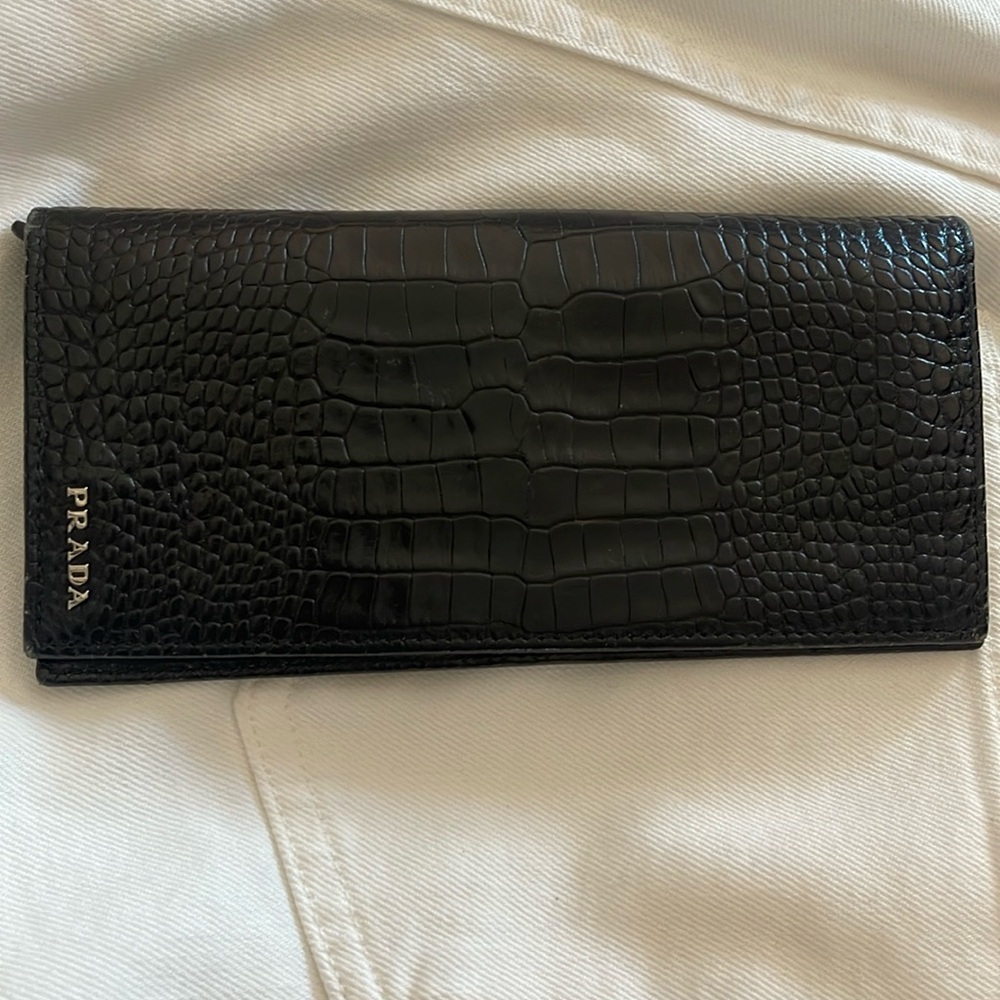 Prada black.crocodile embossed leather bi-fold wallet